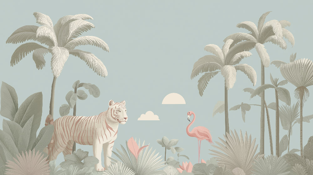 Detailed jungle tiger and pink flamingo mural wallpaper design pattern by Kids-Mundo