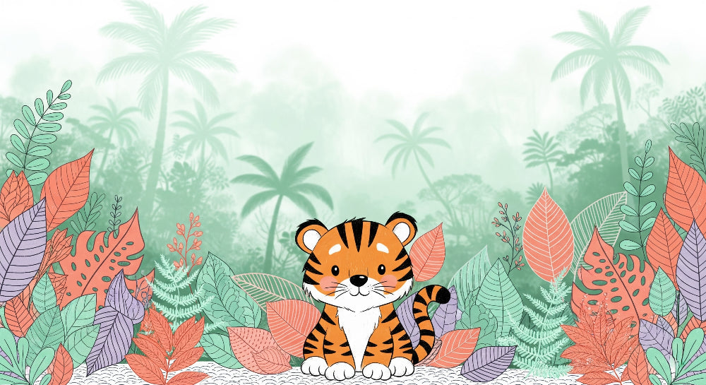 Detailed jungle tiger mural wallpaper design pattern with tropical foliage by Kids-Mundo
