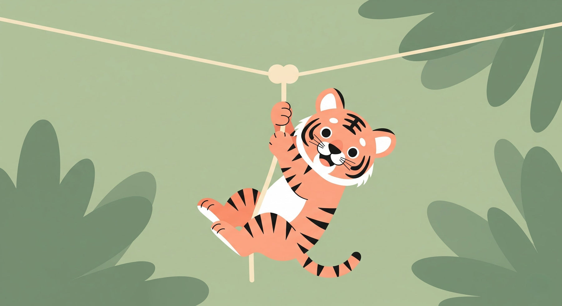 Detailed jungle tiger mural wallpaper design pattern showing playful tiger and tropical leaves by Kids-Mundo