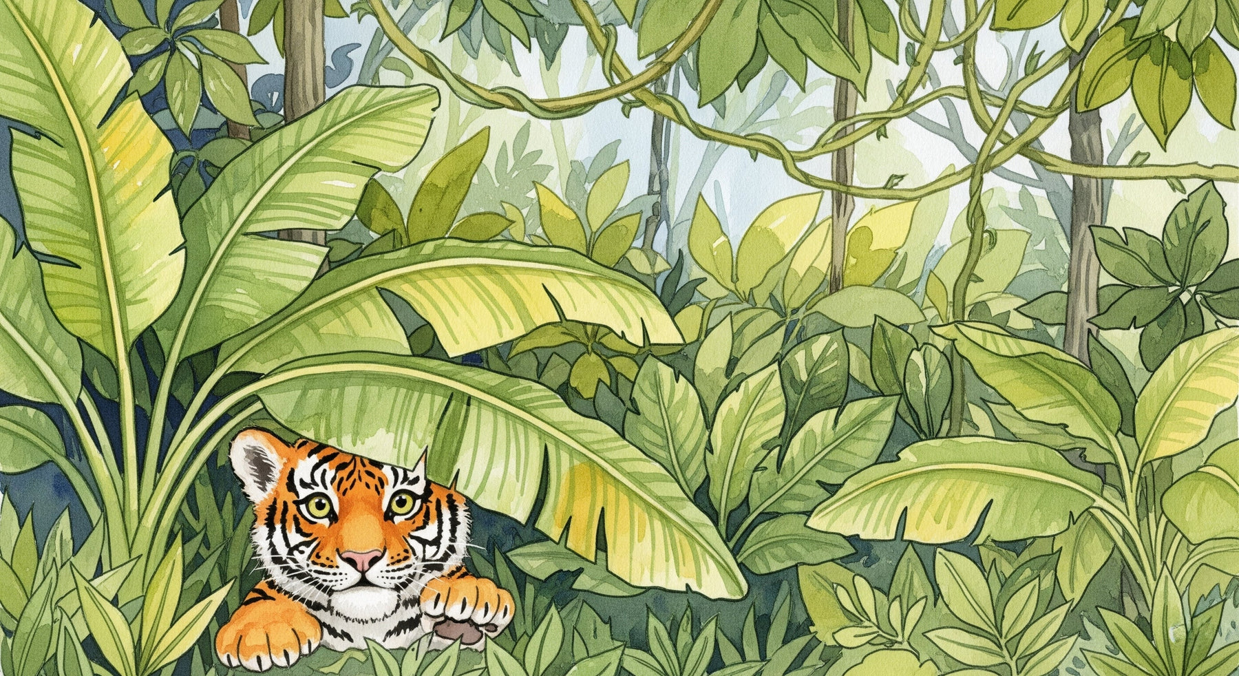 Detailed jungle tiger mural wallpaper design pattern with tropical foliage by Kids-Mundo