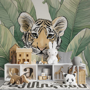 Safari tiger wallpaper creating adventurous atmosphere in children's bedroom decor
