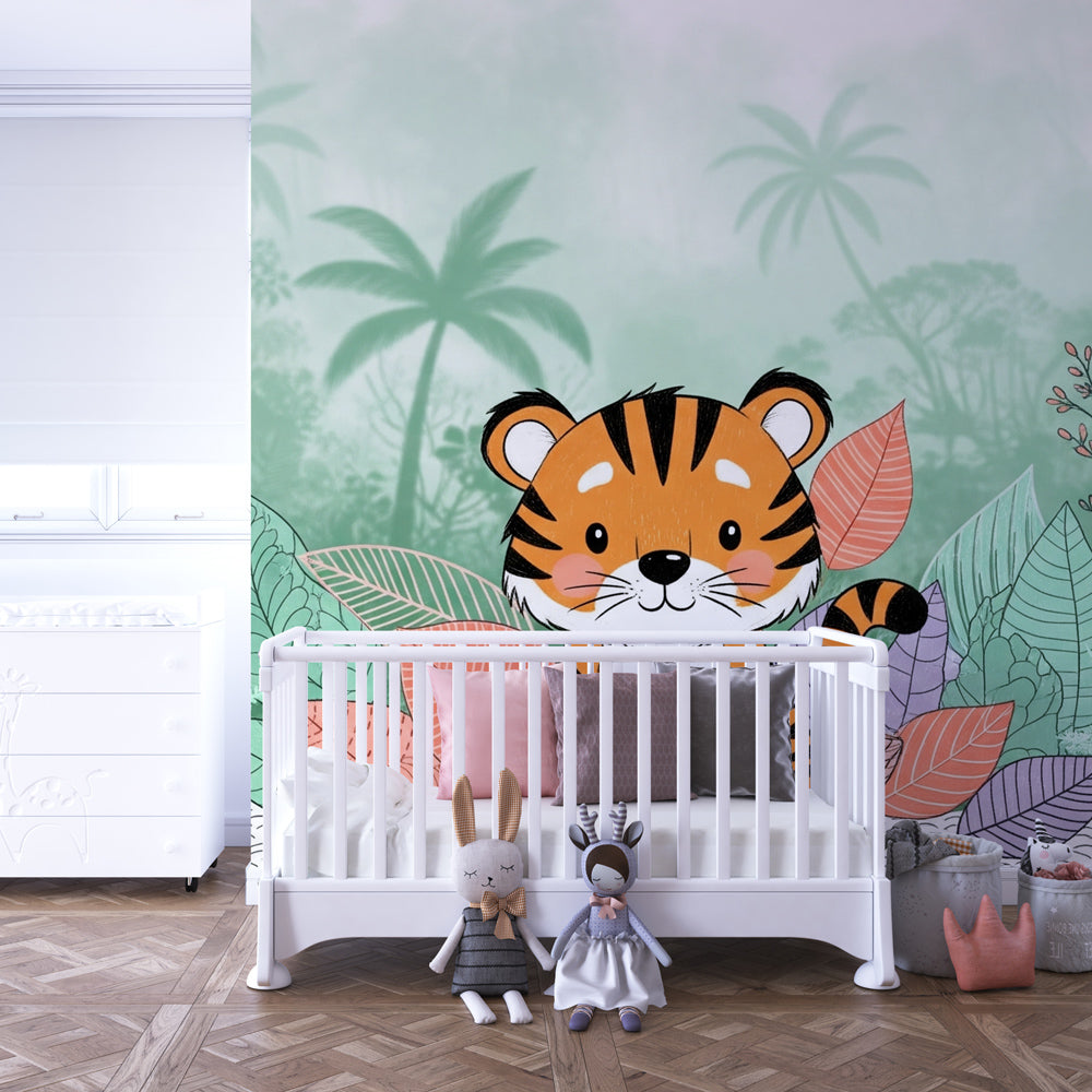 Safari tiger wallpaper creating adventurous children's bedroom decor with tropical theme