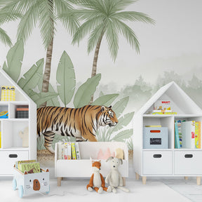 Wildlife tiger mural wallpaper for kids room with lush green tropical foliage design
