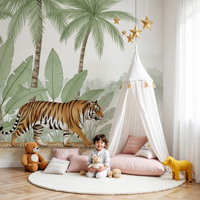 Jungle tiger mural wallpaper creating adventurous nursery decor with tropical palm trees by Kids-Mundo