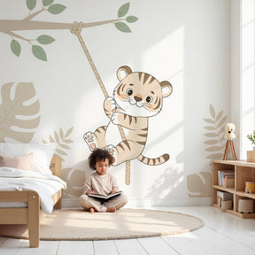 Jungle tiger mural wallpaper in modern nursery with playful cub swinging from rope by Kids-Mundo