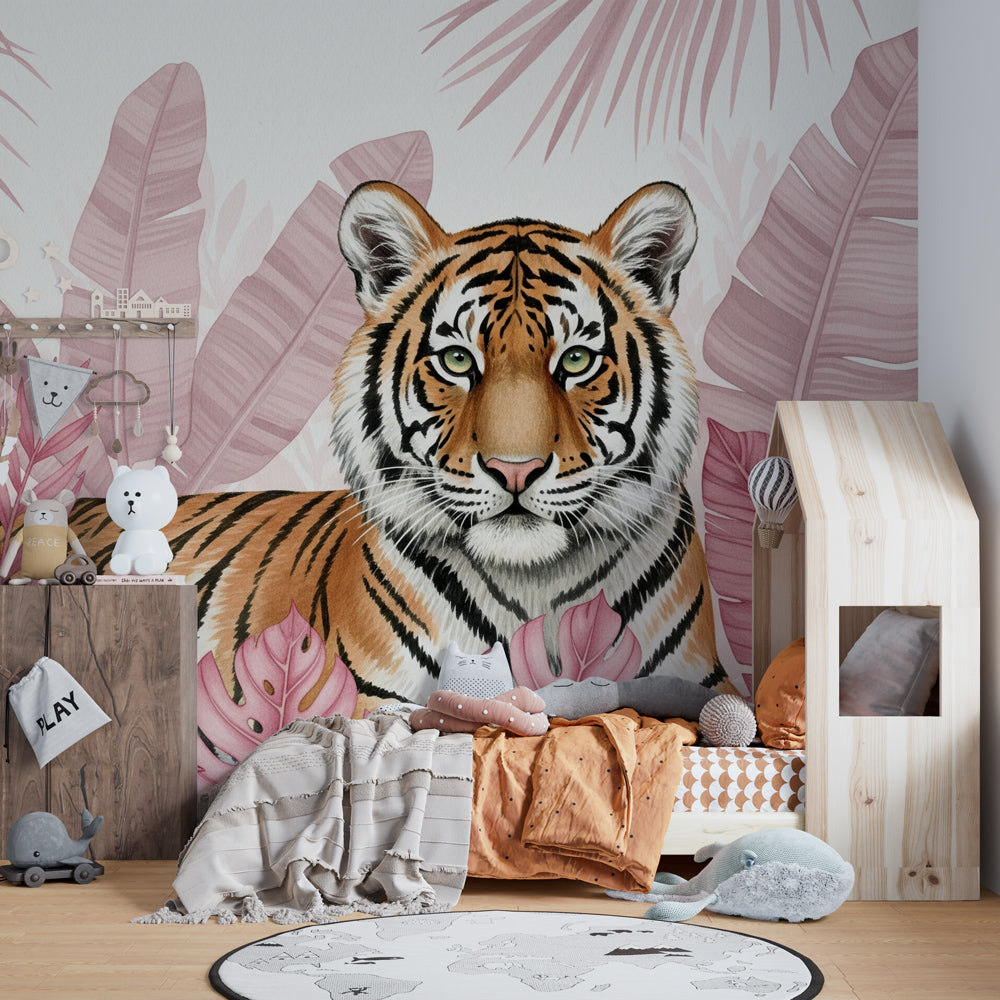 Majestic tiger wallpaper creating tropical nursery decor with pink and green tropical leaves