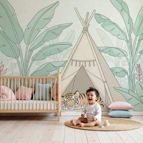 Jungle tiger mural wallpaper with sleeping tiger and teepee in modern nursery by Kids-Mundo