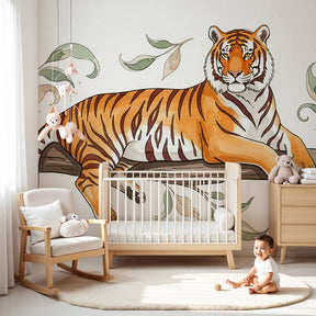 Jungle tiger mural wallpaper in modern nursery with natural wood furniture by Kids-Mundo