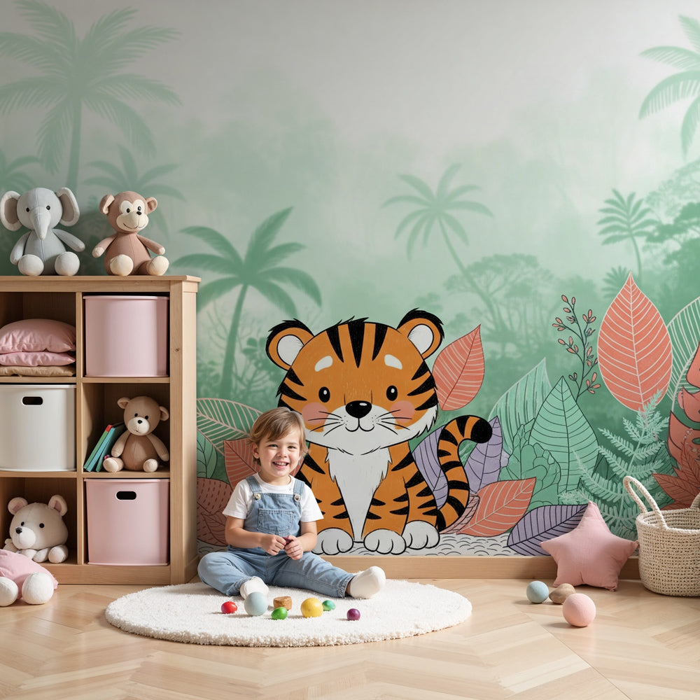 Colorful jungle tiger mural wallpaper in modern nursery room by Kids-Mundo