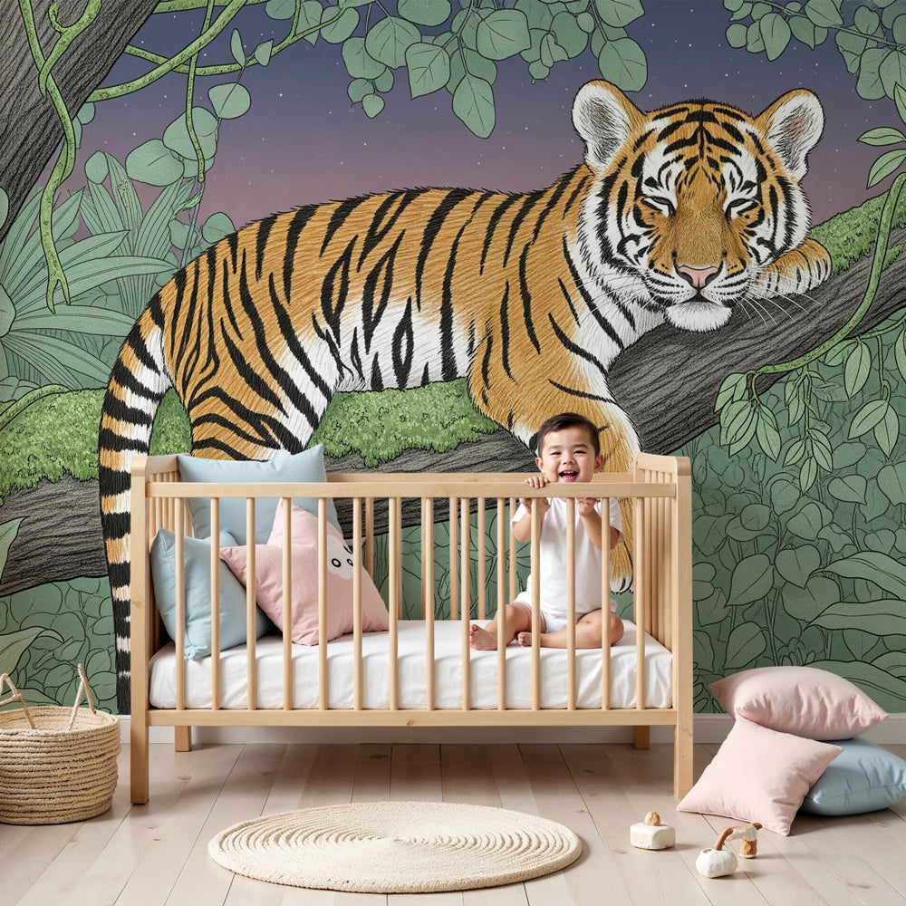 Jungle tiger mural wallpaper in modern nursery room with natural wood furniture by Kids-Mundo