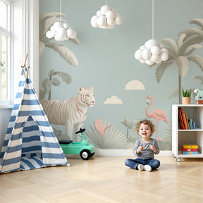 Jungle tiger mural wallpaper with white tiger and pink flamingo in modern nursery by Kids-Mundo