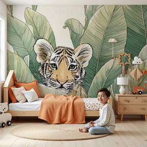 Jungle tiger mural wallpaper in modern nursery with natural wood crib by Kids-Mundo