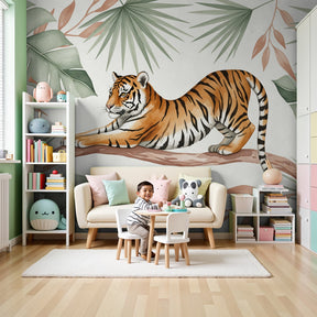 Jungle tiger mural wallpaper in modern nursery room setting by Kids-Mundo