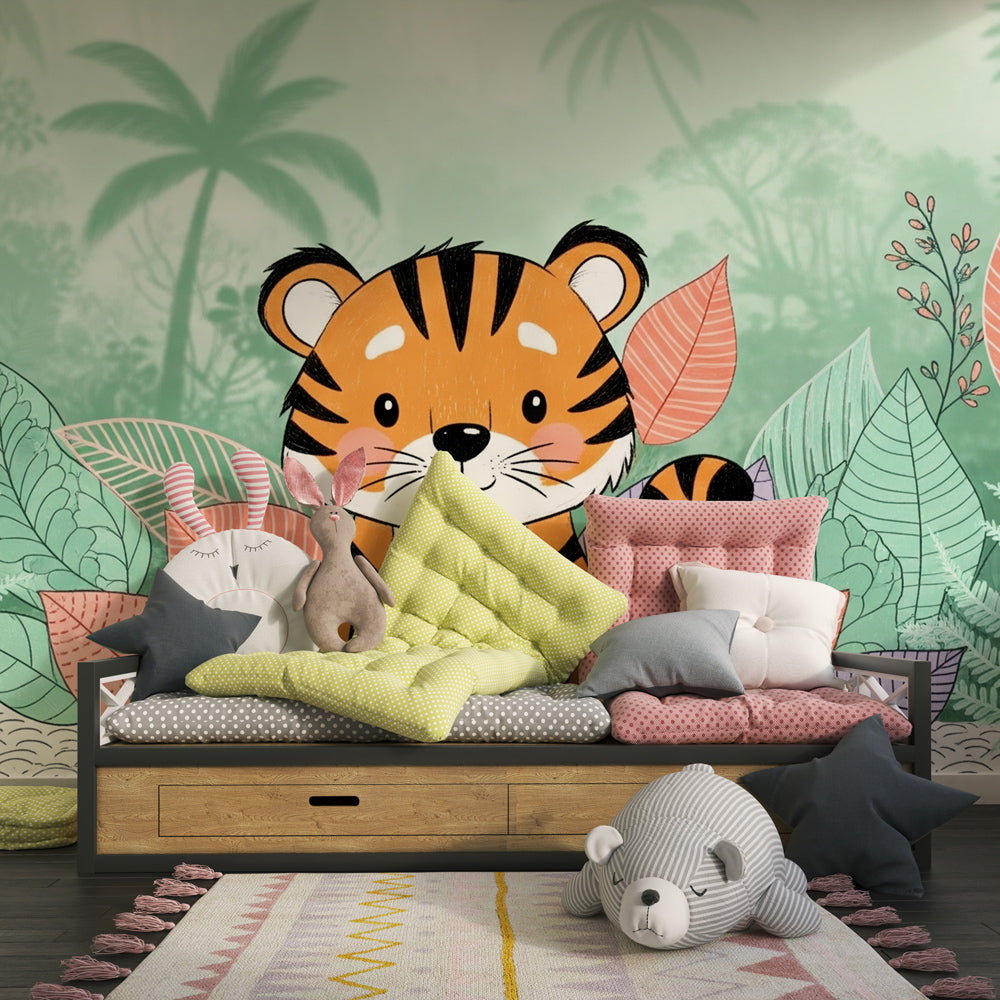Jungle animal mural wallpaper transforming playroom into tropical safari adventure