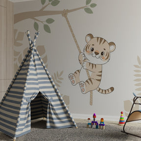 Tropical tiger mural wallpaper with neutral tones perfect for kids playroom by Kids-Mundo