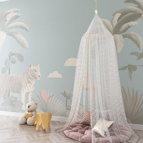 Tropical jungle wallpaper with palm trees and animals for kids playroom decoration