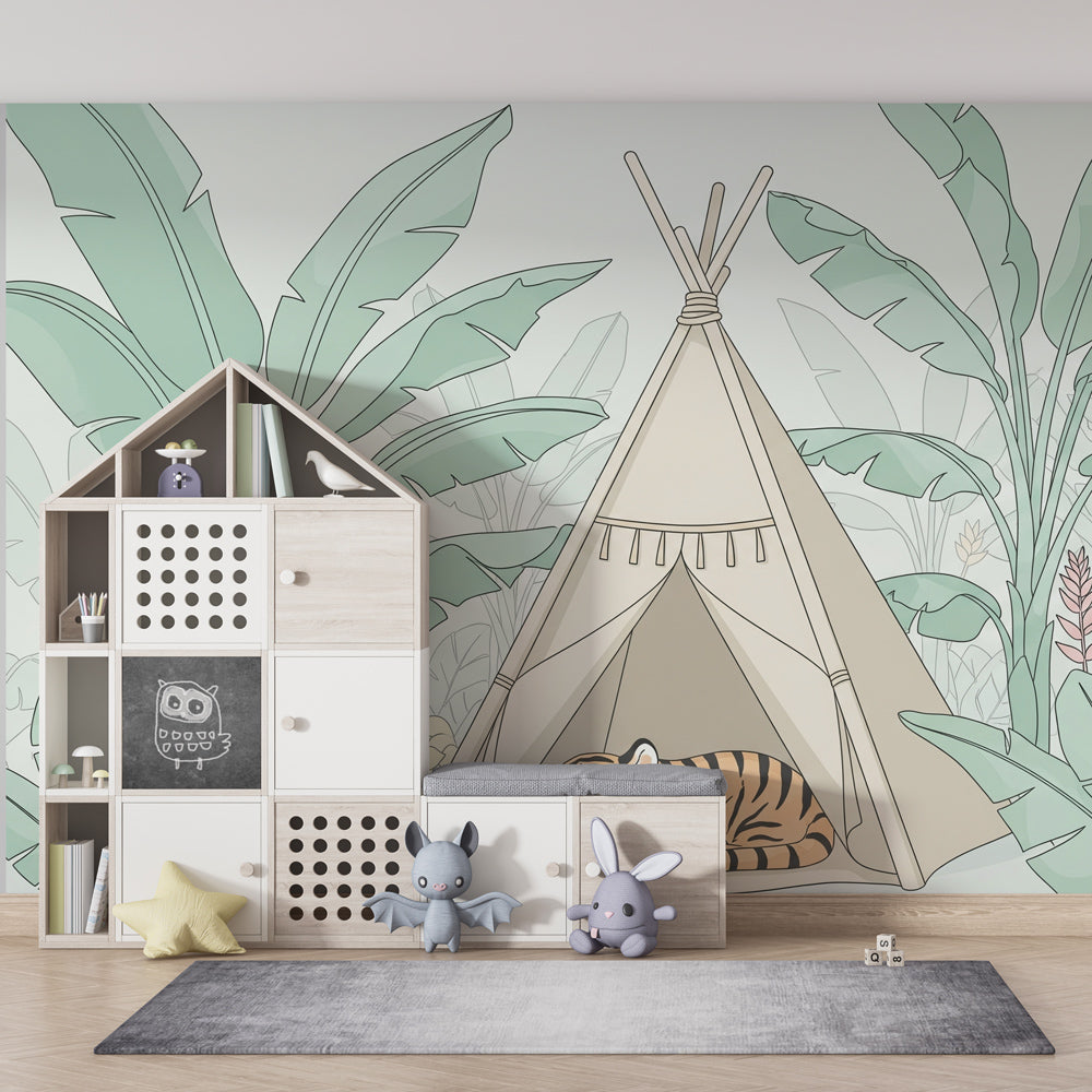 Sleeping tiger and teepee mural wallpaper transforming children's playroom into jungle adventure