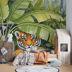 Safari animal mural wallpaper featuring playful tiger in lush jungle setting for kids room decor