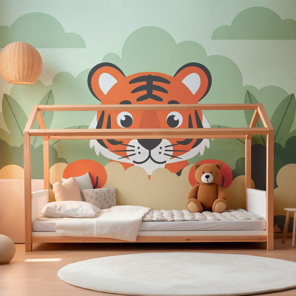 Animal mural wallpaper with curious tiger and tropical plants for kids playroom by Kids-Mundo