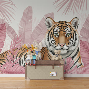 Wildlife tiger mural wallpaper transforming children's playroom into jungle adventure space