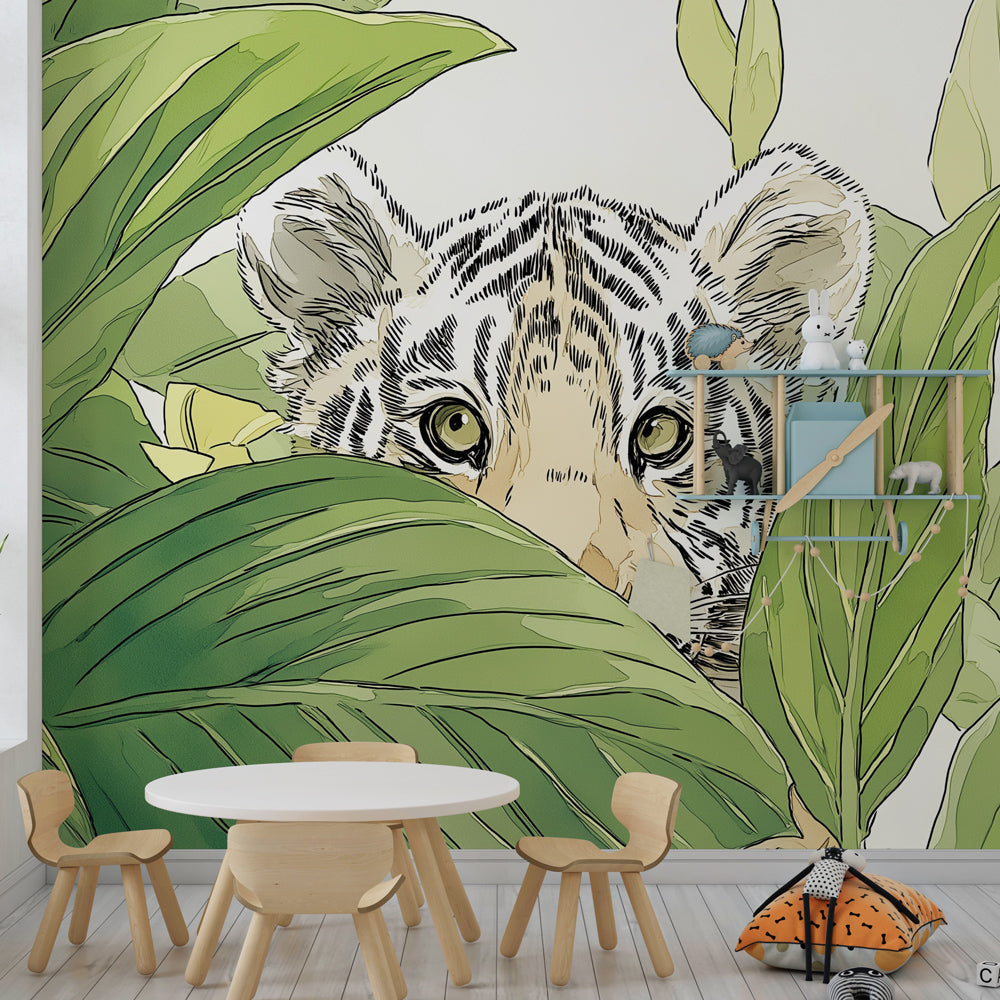 Safari tiger mural wallpaper transforming playroom into tropical jungle adventure space