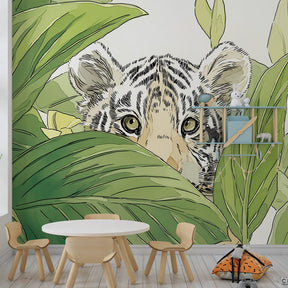 Safari tiger mural wallpaper transforming playroom into tropical jungle adventure space