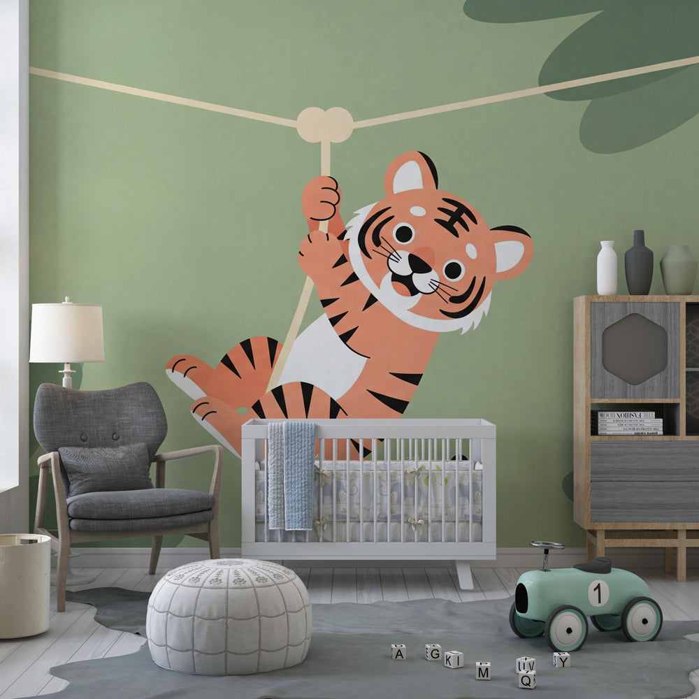 Tropical tiger mural wallpaper for kids playroom with jungle leaves and wildlife theme