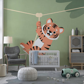 Tropical tiger mural wallpaper for kids playroom with jungle leaves and wildlife theme