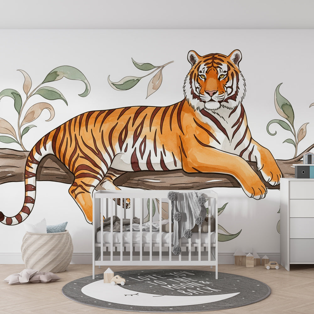 Tiger and foliage mural wallpaper transforming kids playroom into jungle adventure space