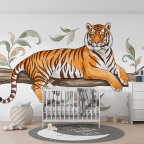 Tiger and foliage mural wallpaper transforming kids playroom into jungle adventure space