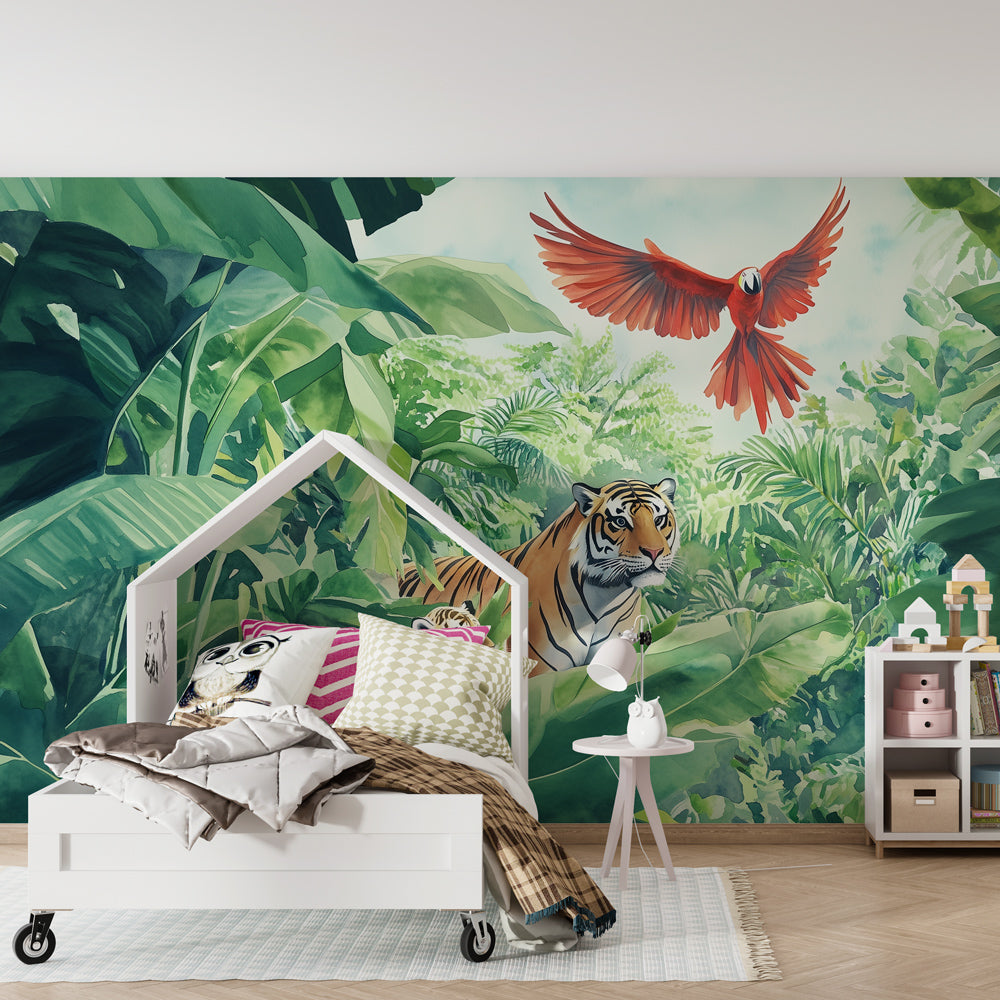 Safari animal wallpaper creating adventurous kids bedroom with tropical jungle design