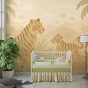 Safari tiger family wallpaper in modern kids bedroom with natural beige and green jungle theme