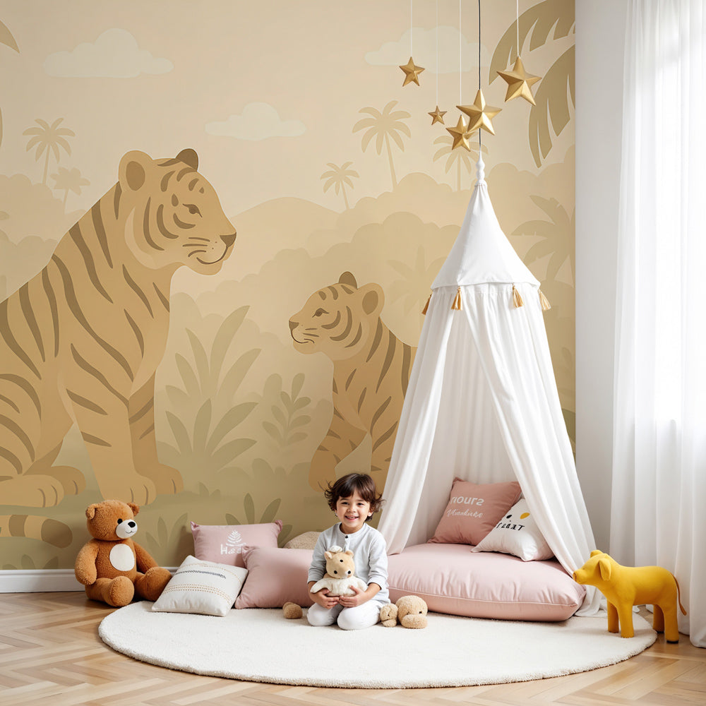 Jungle tigers mural wallpaper creating serene safari nursery decor with mother and cub design by Kids-Mundo