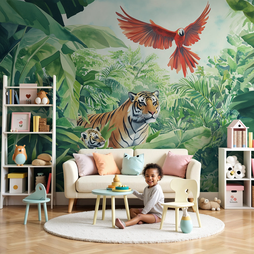 Jungle tigers mural wallpaper transforming modern nursery with lush safari theme by Kids-Mundo