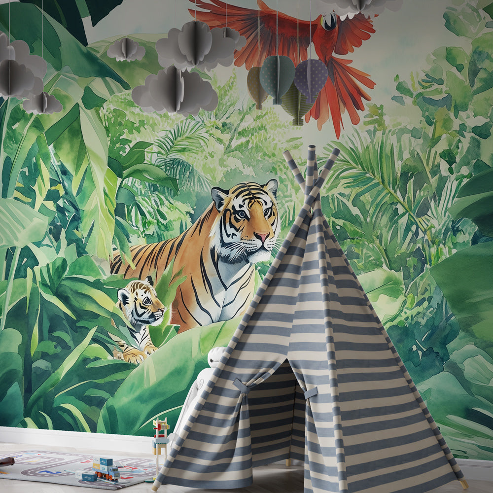 Lush tiger wallpaper bringing wild jungle atmosphere to children's playroom space