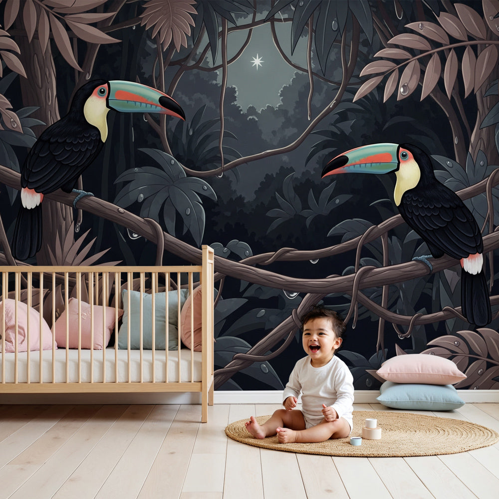 Jungle toucan mural wallpaper creating tropical paradise in modern nursery by Kids-Mundo