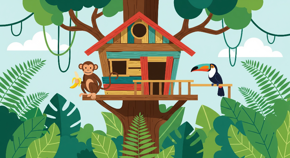 Kids-Mundo flat artwork of a jungle treehouse with a monkey, banana and toucan on the porch.