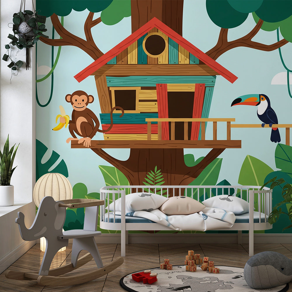 Kids-Mundo treehouse monkey and toucan wall mural adding colour to a lively children's playroom.