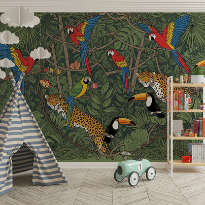 Kids-Mundo jungle wall mural featuring parrots and leopards installed as a feature wall in a playroom.