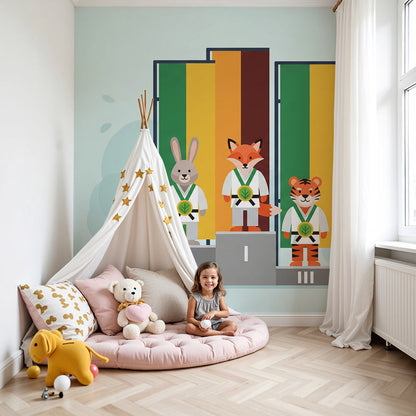 Kids-Mundo karate champions podium wall mural brightening a soft nursery room corner