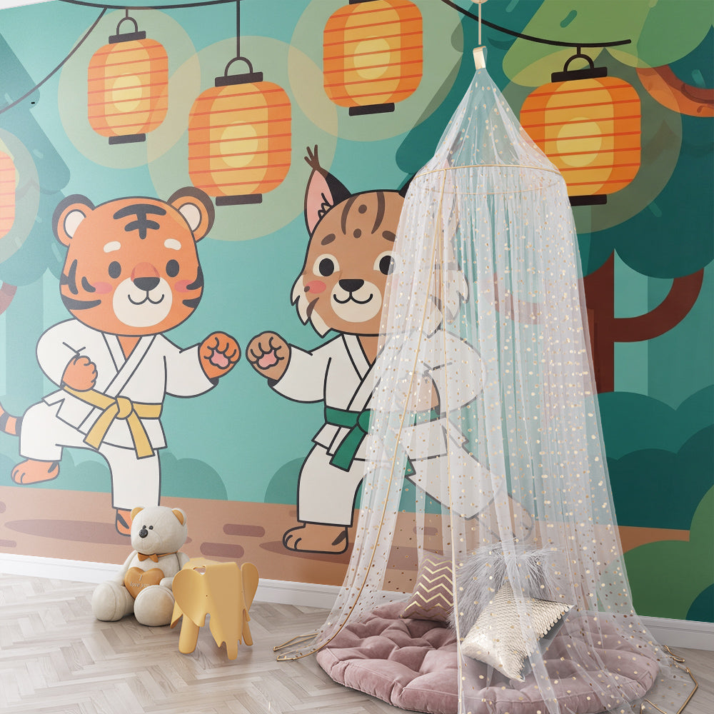 Kids-Mundo karate tiger and lynx cubs wall mural covering a feature wall in a child's bedroom with lantern lights.