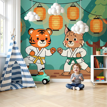 Kids-Mundo karate tiger and lynx wall mural with lanterns installed above a cot in a calm nursery room.