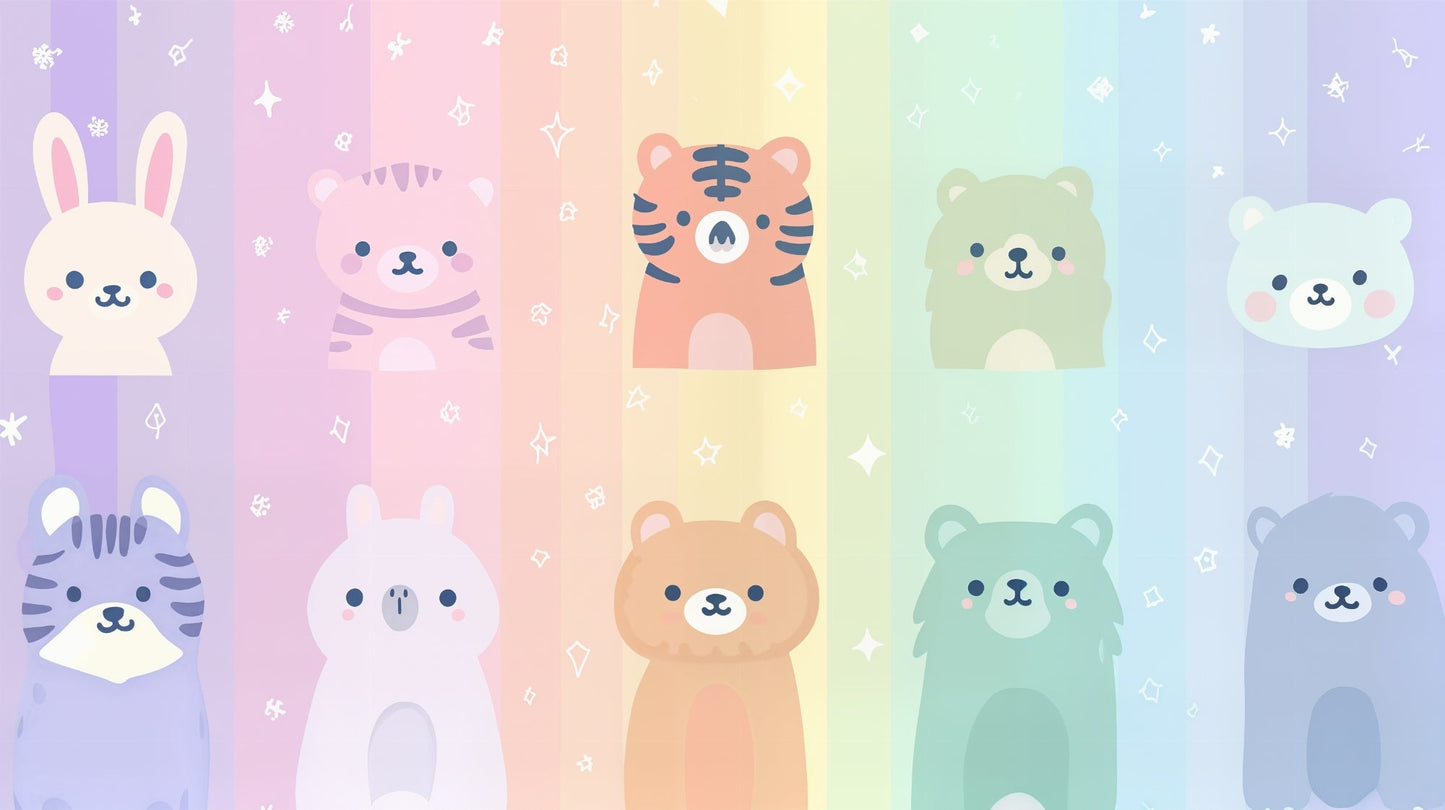 Kids-Mundo flat artwork preview of the kawaii pastel rainbow animal wall mural design