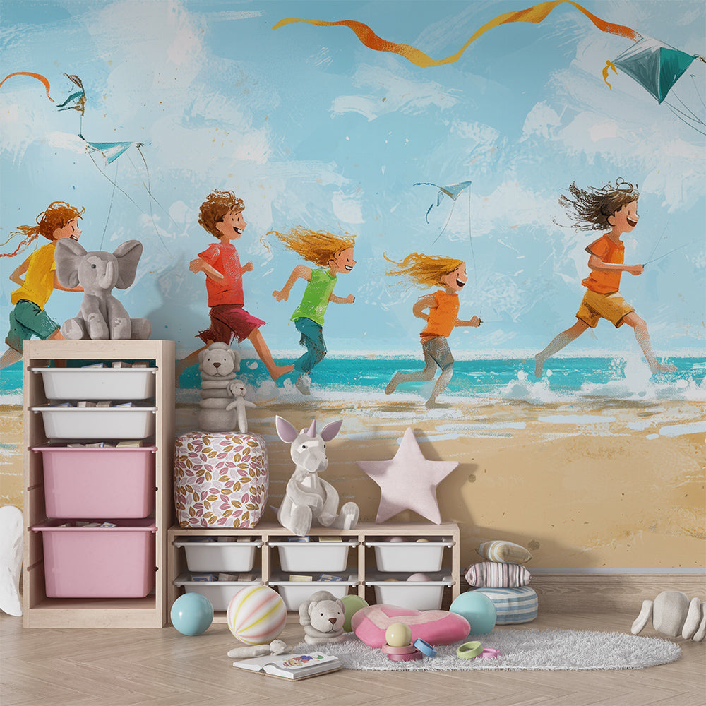 Kids-Mundo beach and kites wall mural covering a feature wall in a cheerful kids bedroom