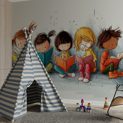 Kids-Mundo reading children wall mural covering a feature wall in a playful kids bedroom