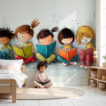 Kids-Mundo children reading wall mural behind a cot in a bright, colourful nursery