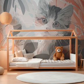 Curious cat floral mural wallpaper creating magical children's bedroom atmosphere