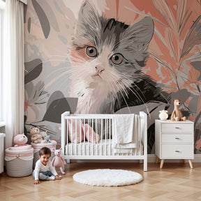 Kitten garden mural wallpaper in cozy nursery with natural wood furniture by Kids-Mundo
