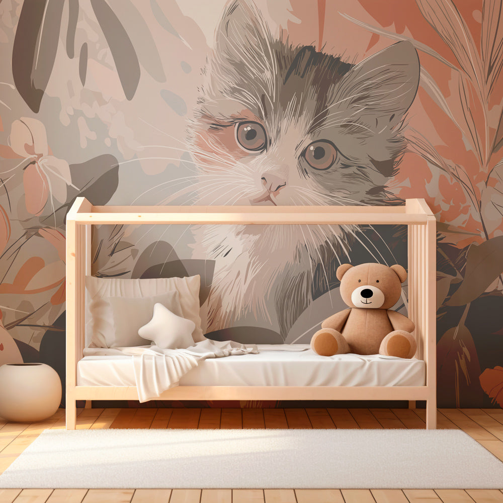Botanical kitten wallpaper transforming kids playroom into garden sanctuary