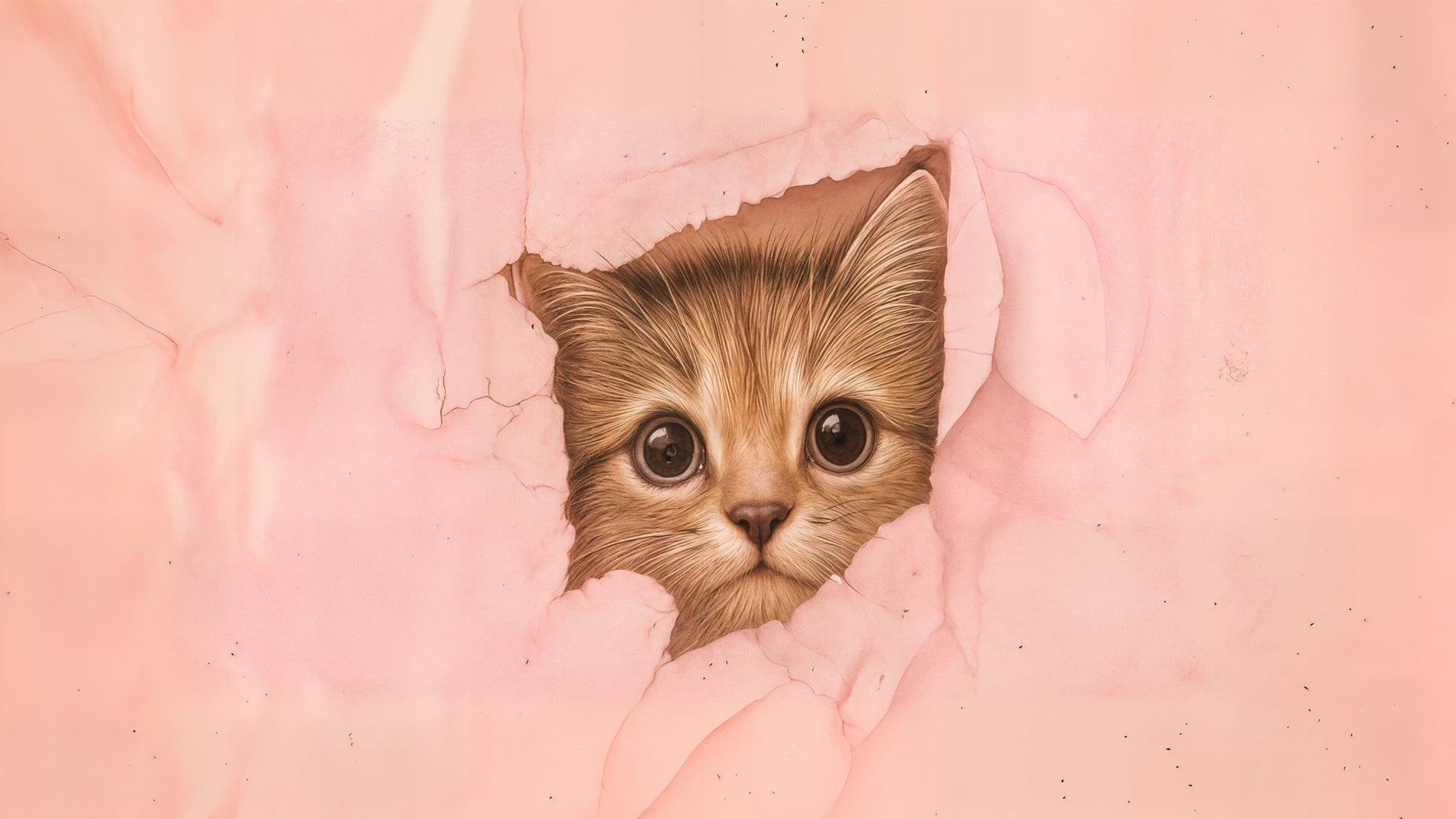 Detailed pink kitten mural wallpaper design pattern showing curious cat with sparkling eyes by Kids-Mundo
